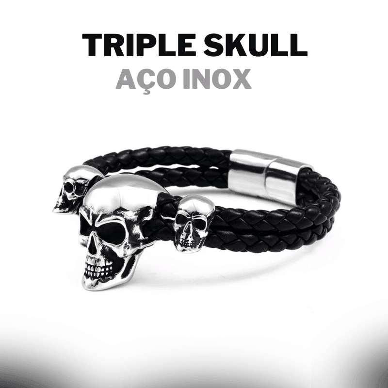 Pulseira Punk Triple Skull Aço Inox