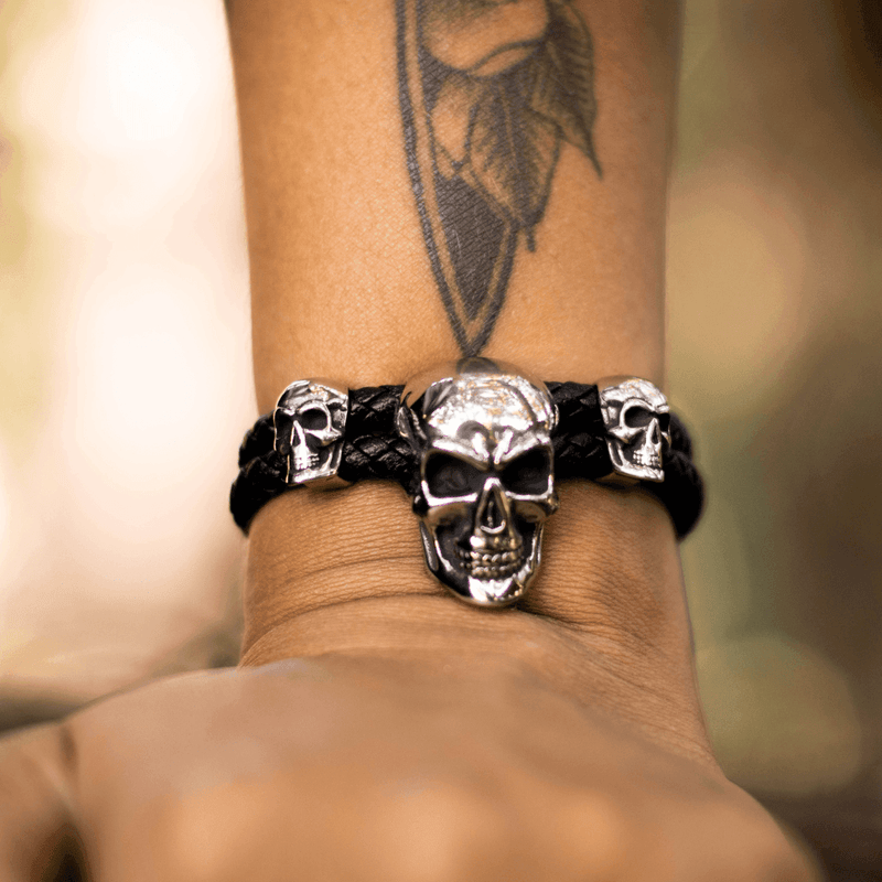 Pulseira Punk Triple Skull Aço Inox